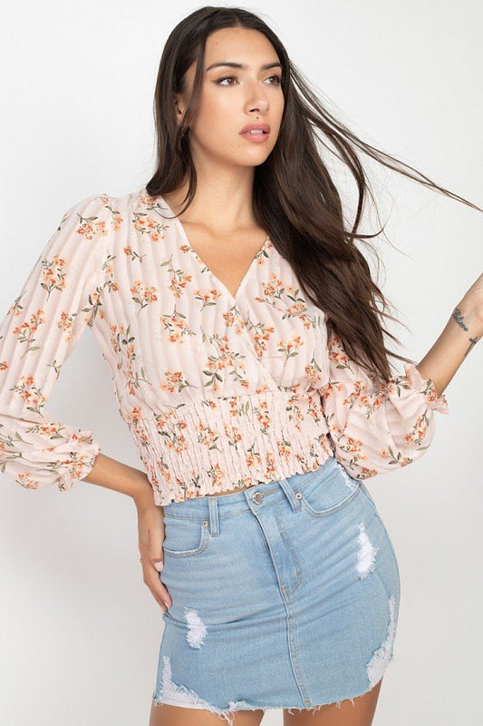 Floral Shadow Stripe V-neck Top