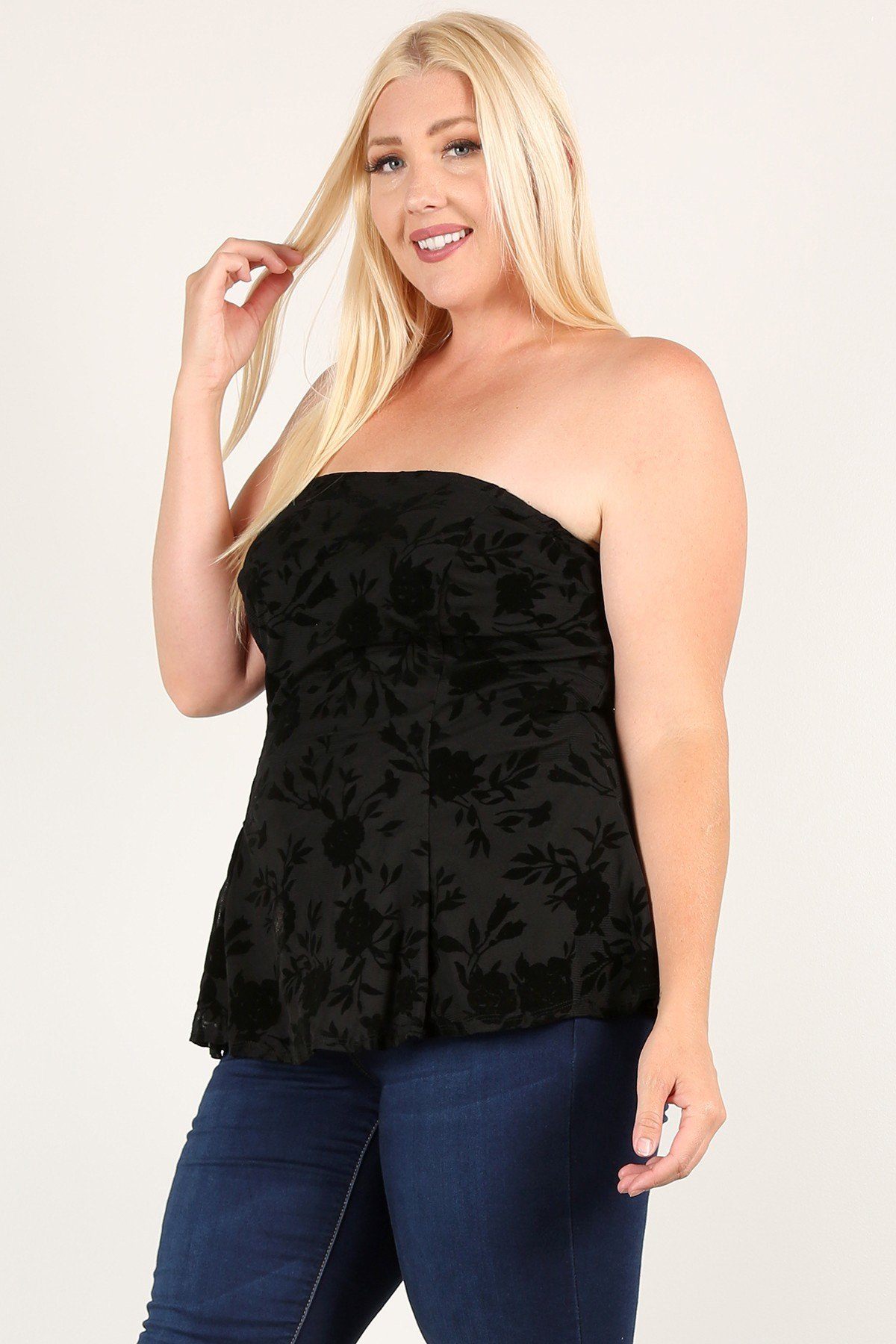 Plus Size Floral Mesh Flocking Tube Top With Flare Bodice