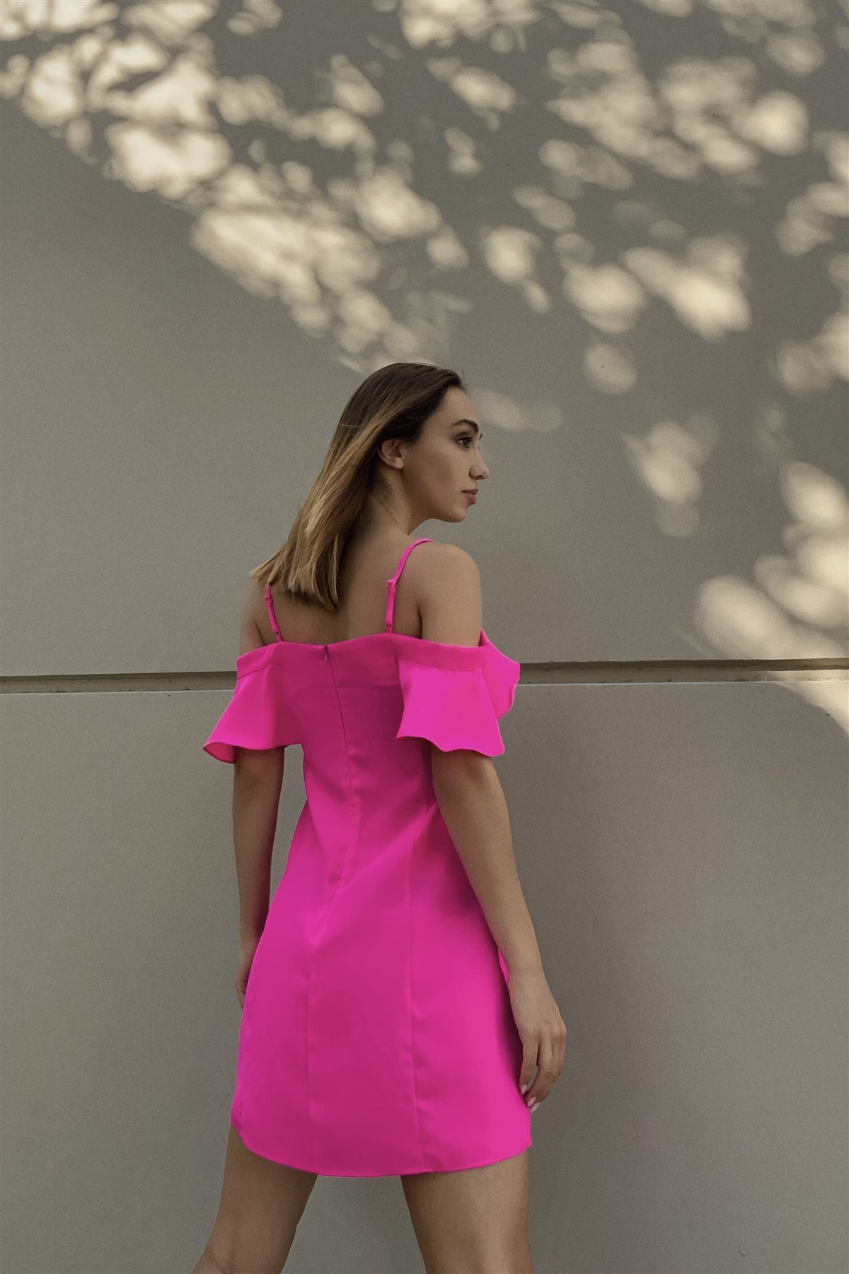 Hot Pink Cold Shoulder Ruffle Mini Shift Dress