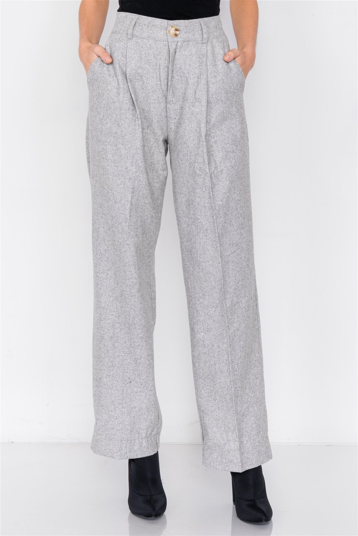 Grey Wool Blazer Office Chic Pleated High-waist Ankle Pant Set