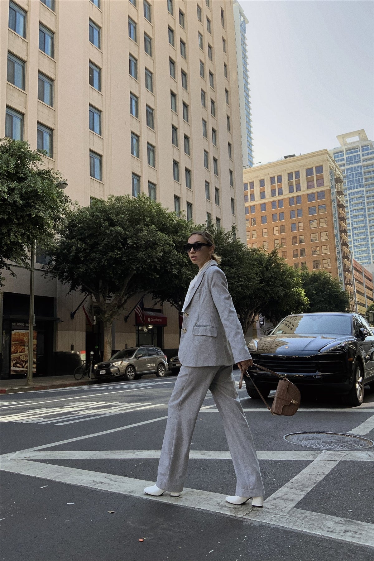 Grey Wool Blazer Office Chic Pleated High-waist Ankle Pant Set