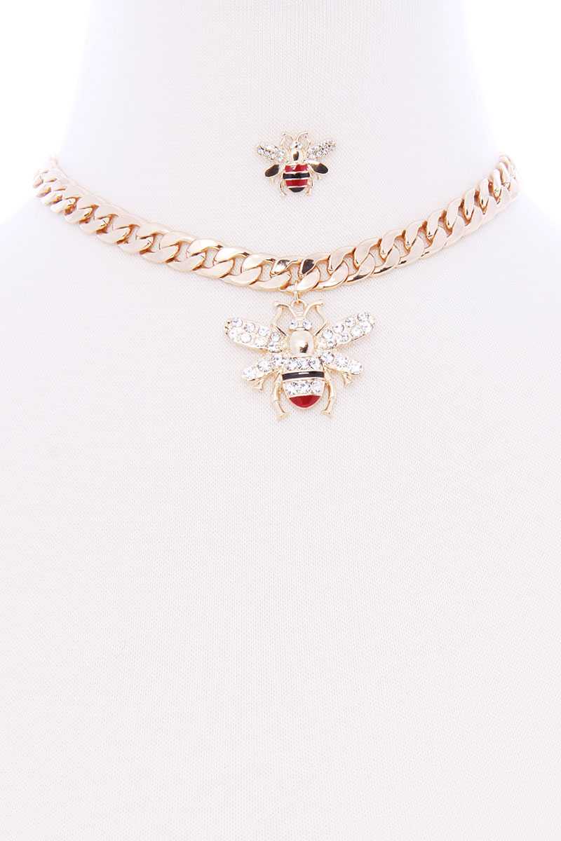 Chunky Metal Link Chain Bee Pendant Necklace Earring Set