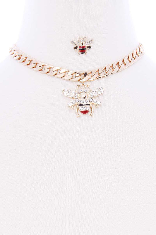Chunky Metal Link Chain Bee Pendant Necklace Earring Set