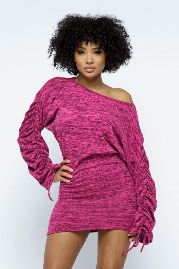 Hacci Brushed Long Slv Shirred Boat Neck Dolman Mini Dress