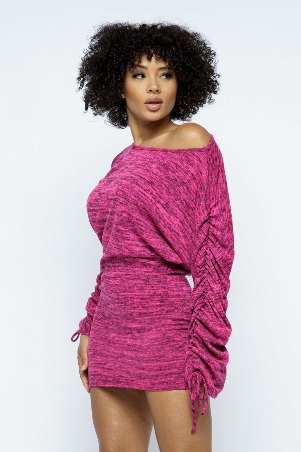 Hacci Brushed Long Slv Shirred Boat Neck Dolman Mini Dress