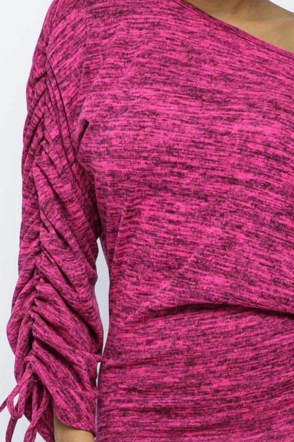 Hacci Brushed Long Slv Shirred Boat Neck Dolman Mini Dress