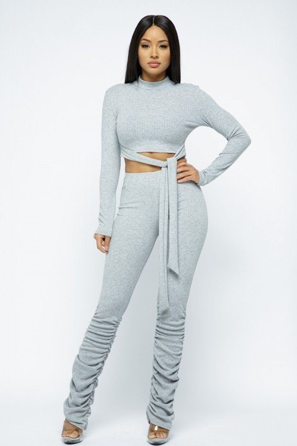 Rib Mock Neck Long Slv Top Ruched Pant Set