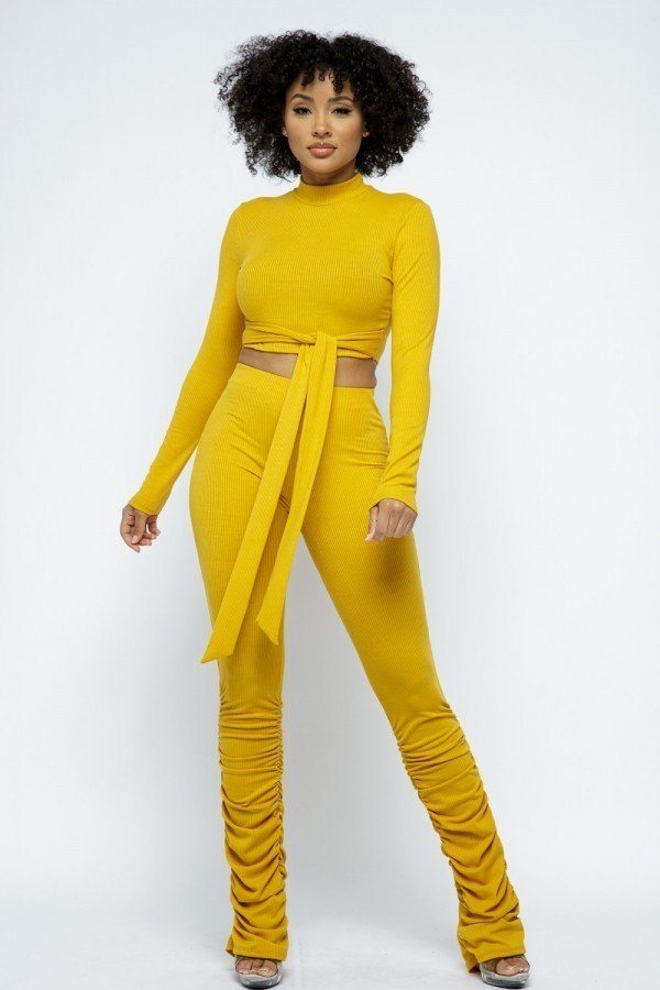 Rib Mock Neck Long Slv Top Ruched Pant Set