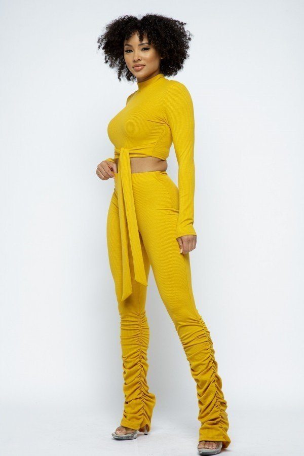 Rib Mock Neck Long Slv Top Ruched Pant Set