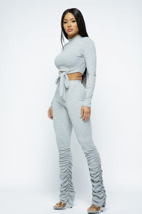 Rib Mock Neck Long Slv Top Ruched Pant Set