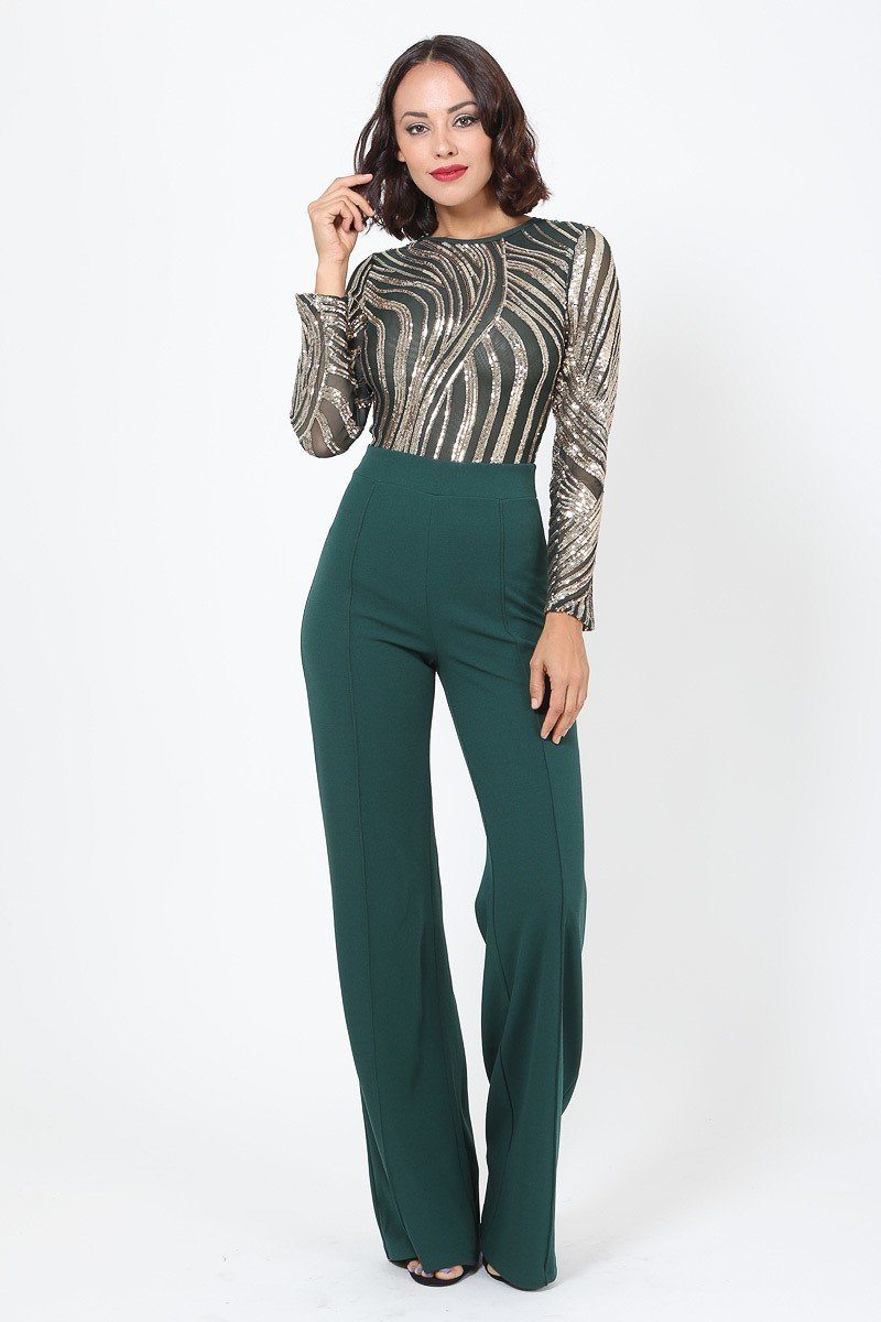 Sophisticated Gold Sequins Bodice Jumpsuit