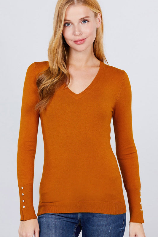 V-neck Sweater W/rivet Button