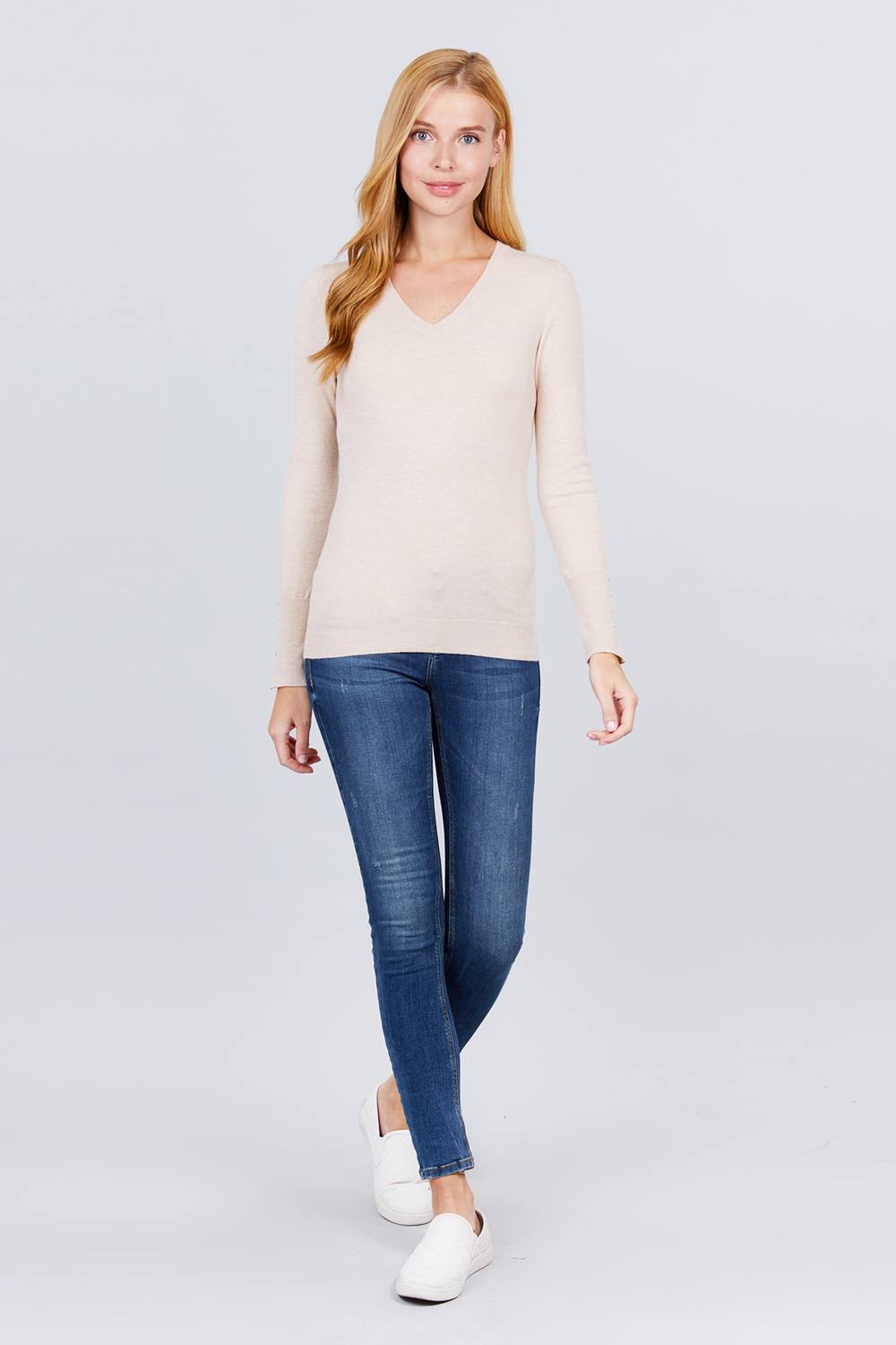 V-neck Sweater W/rivet Button