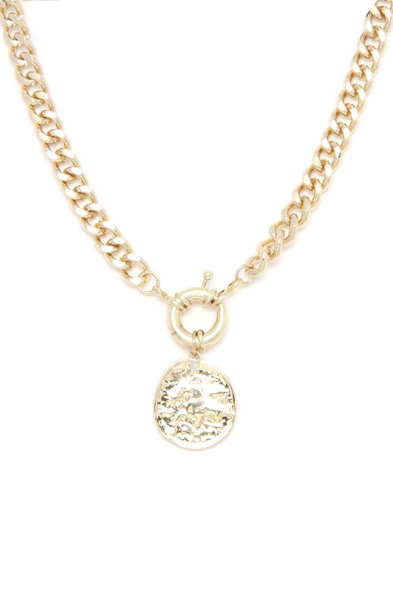 Hammered Coin Cuban Chain Link Metal Necklace