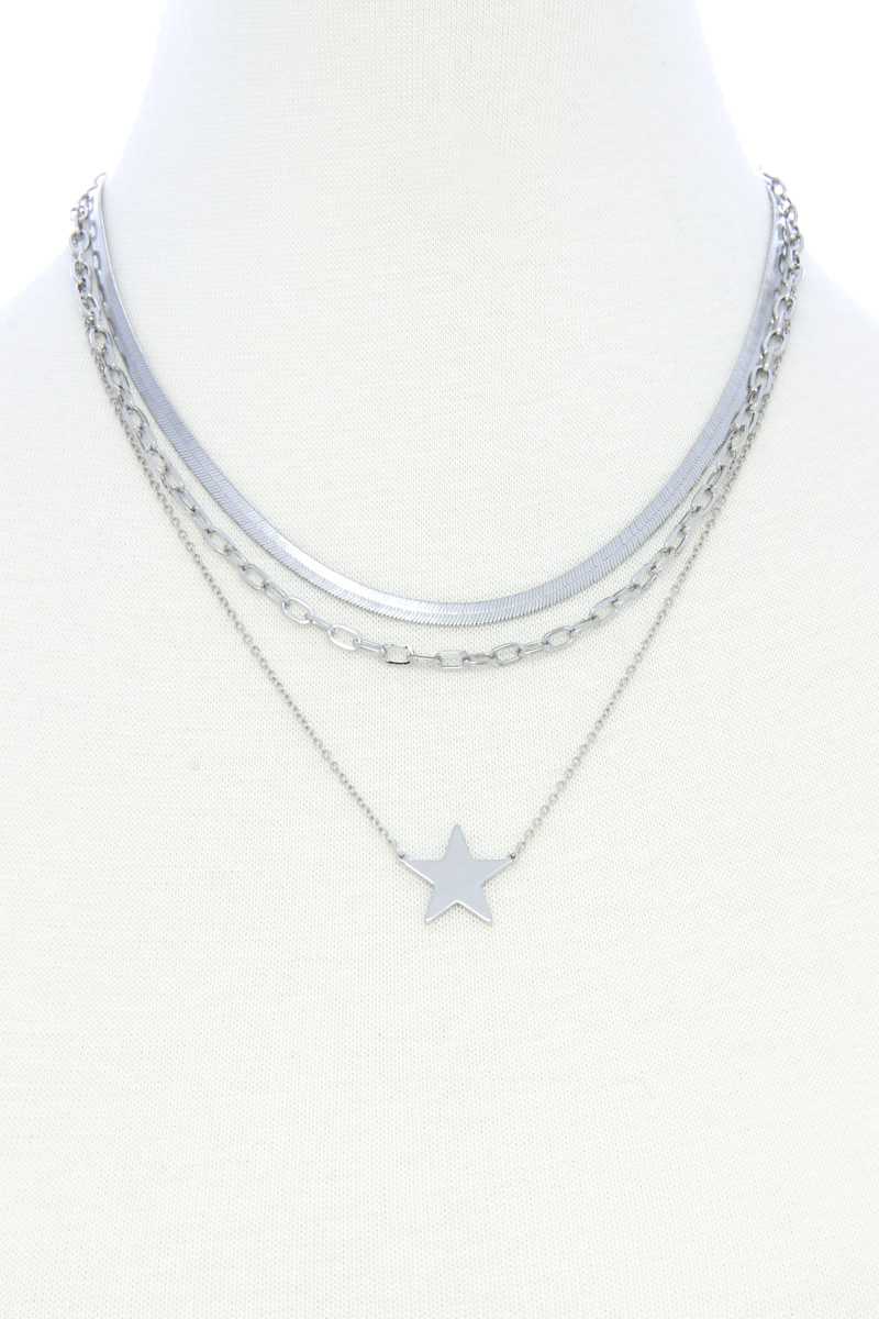 Triple Layer Star Pendant Metal Necklace