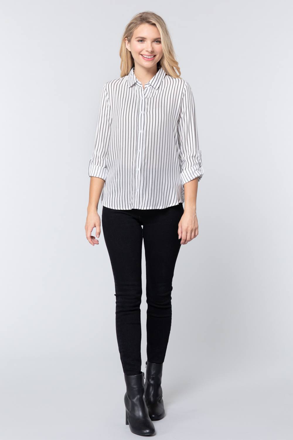 3/4 Roll Up Slv Stripe Print Shirt