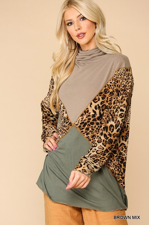 Solid And Animal Print Mixed Knit Turtleneck Top With Long Sleeves