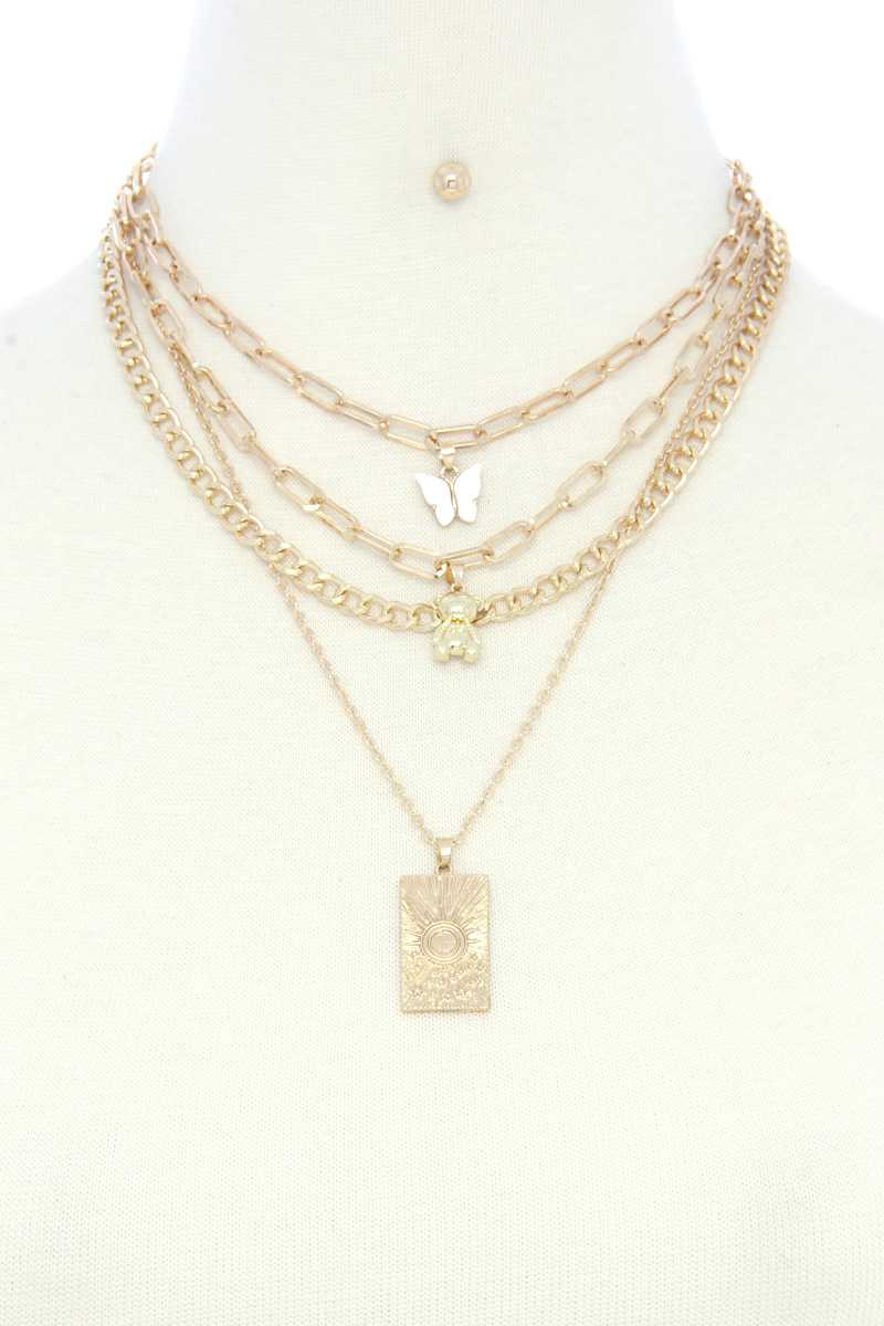 Dainty Butterfly Bear Charm Oval Link Layered Necklace