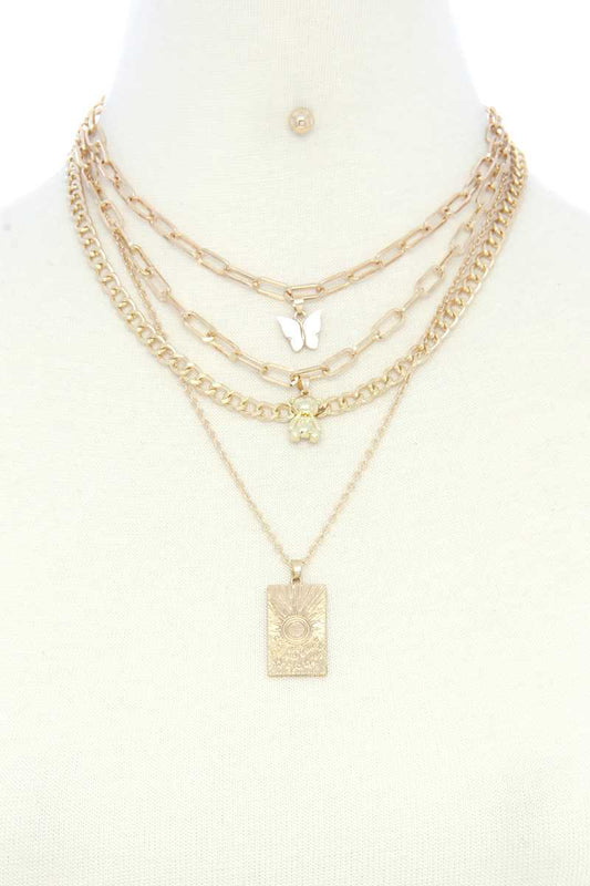 Dainty Butterfly Bear Charm Oval Link Layered Necklace