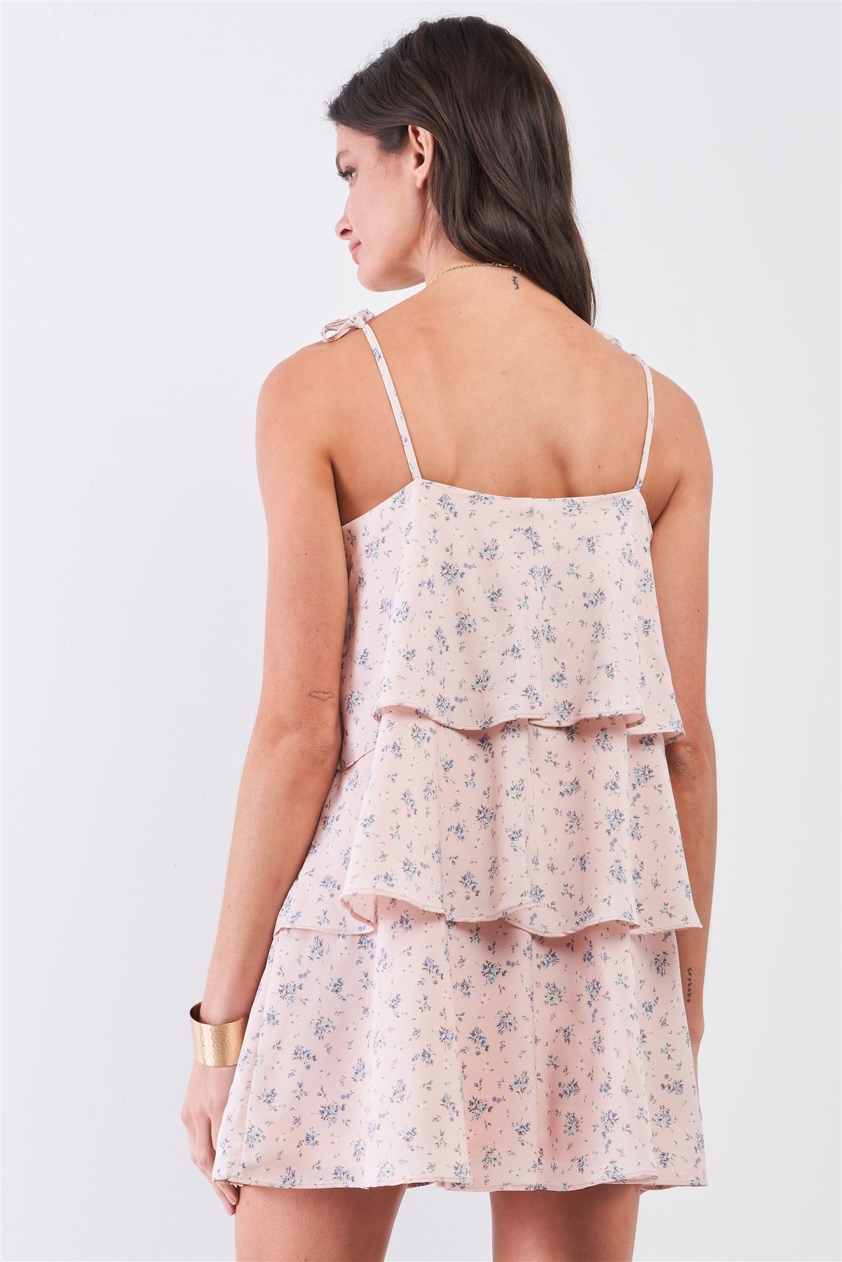 Blush Floral Print Sleeveless Self-tie Shoulder Strap Detail Layered Flounce Mini Dress