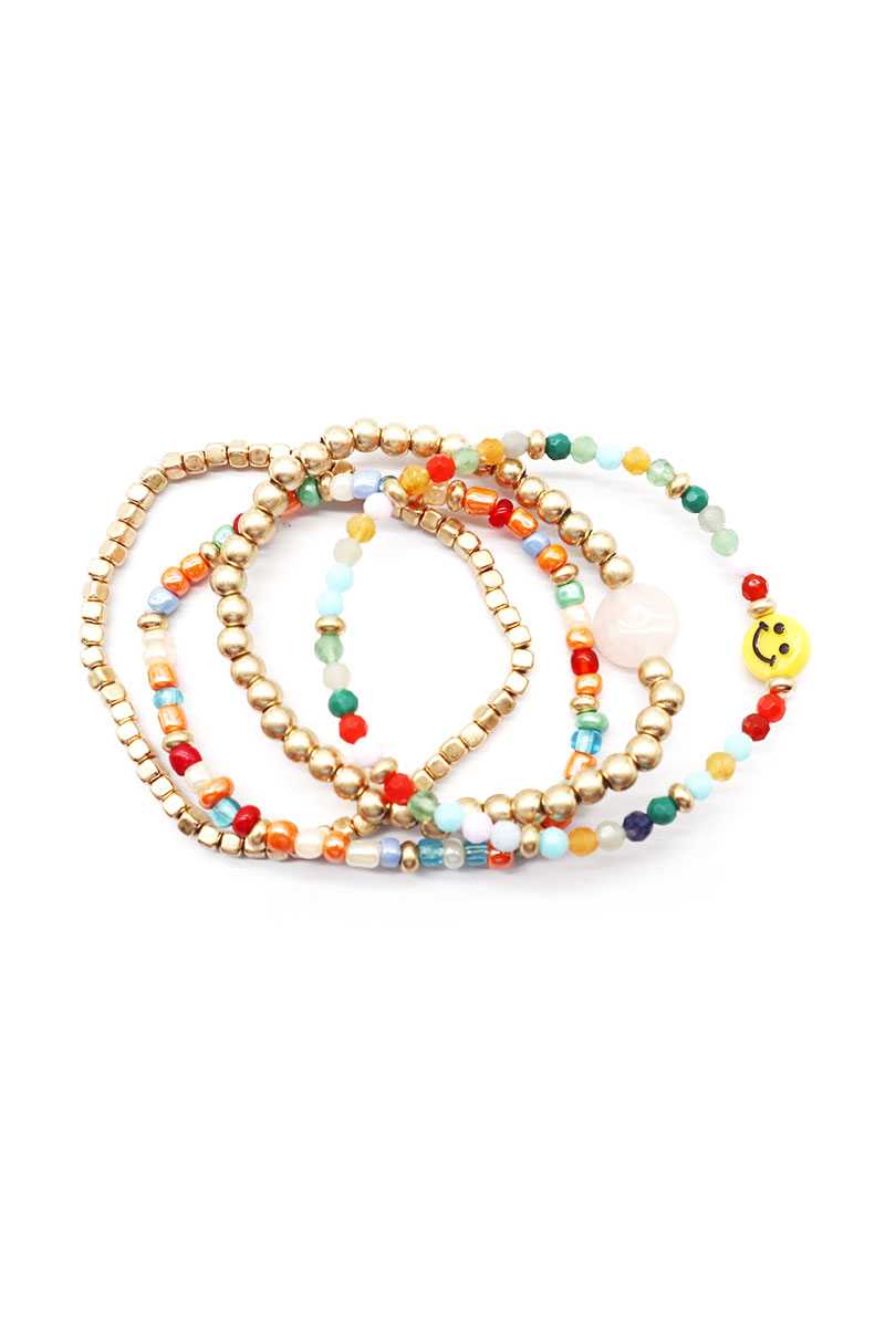 Multi Glass Metal Bead Smile Stretch 4 Pc Bracelet