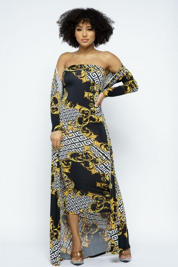 Venechia Print Tube Dress With Cardigan Set