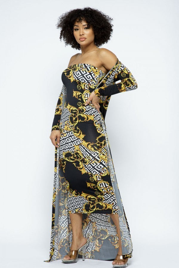 Venechia Print Tube Dress With Cardigan Set