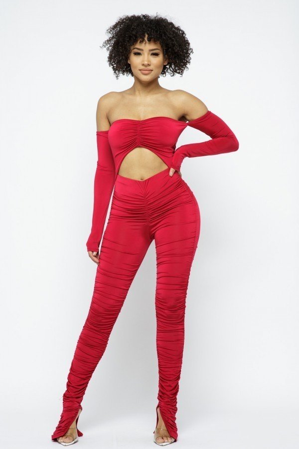 Long Slv Cinch Cut Out Front Ruched Leg Jumpsuit