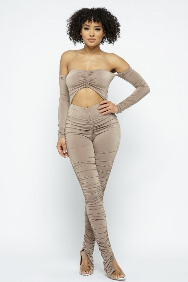 Long Slv Cinch Cut Out Front Ruched Leg Jumpsuit