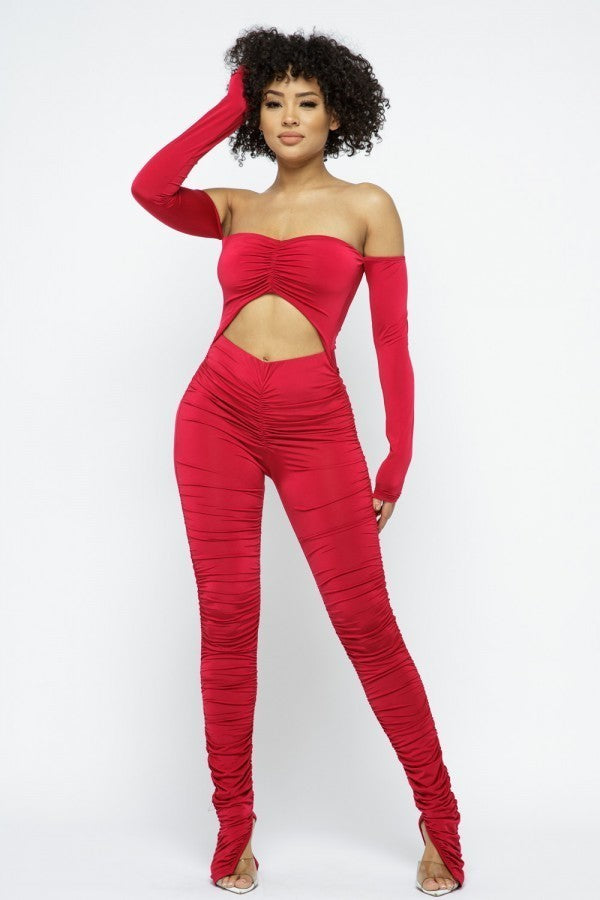 Long Slv Cinch Cut Out Front Ruched Leg Jumpsuit