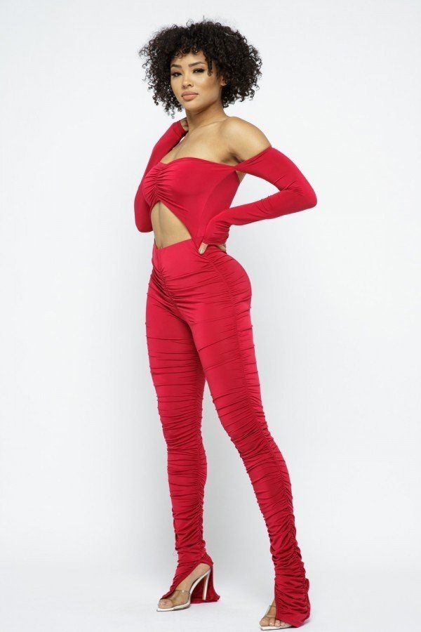 Long Slv Cinch Cut Out Front Ruched Leg Jumpsuit