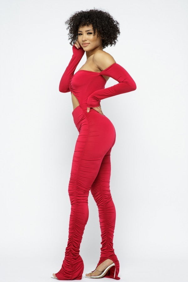 Long Slv Cinch Cut Out Front Ruched Leg Jumpsuit