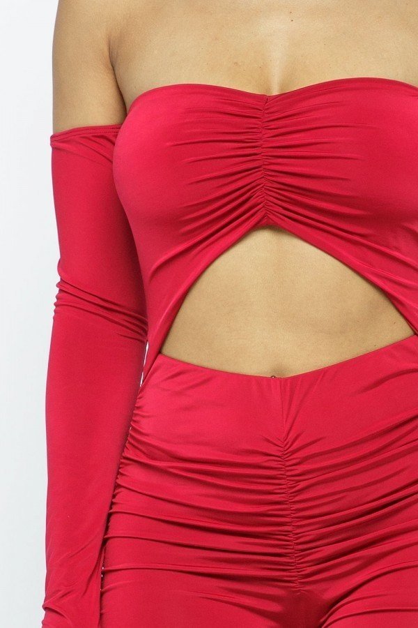 Long Slv Cinch Cut Out Front Ruched Leg Jumpsuit