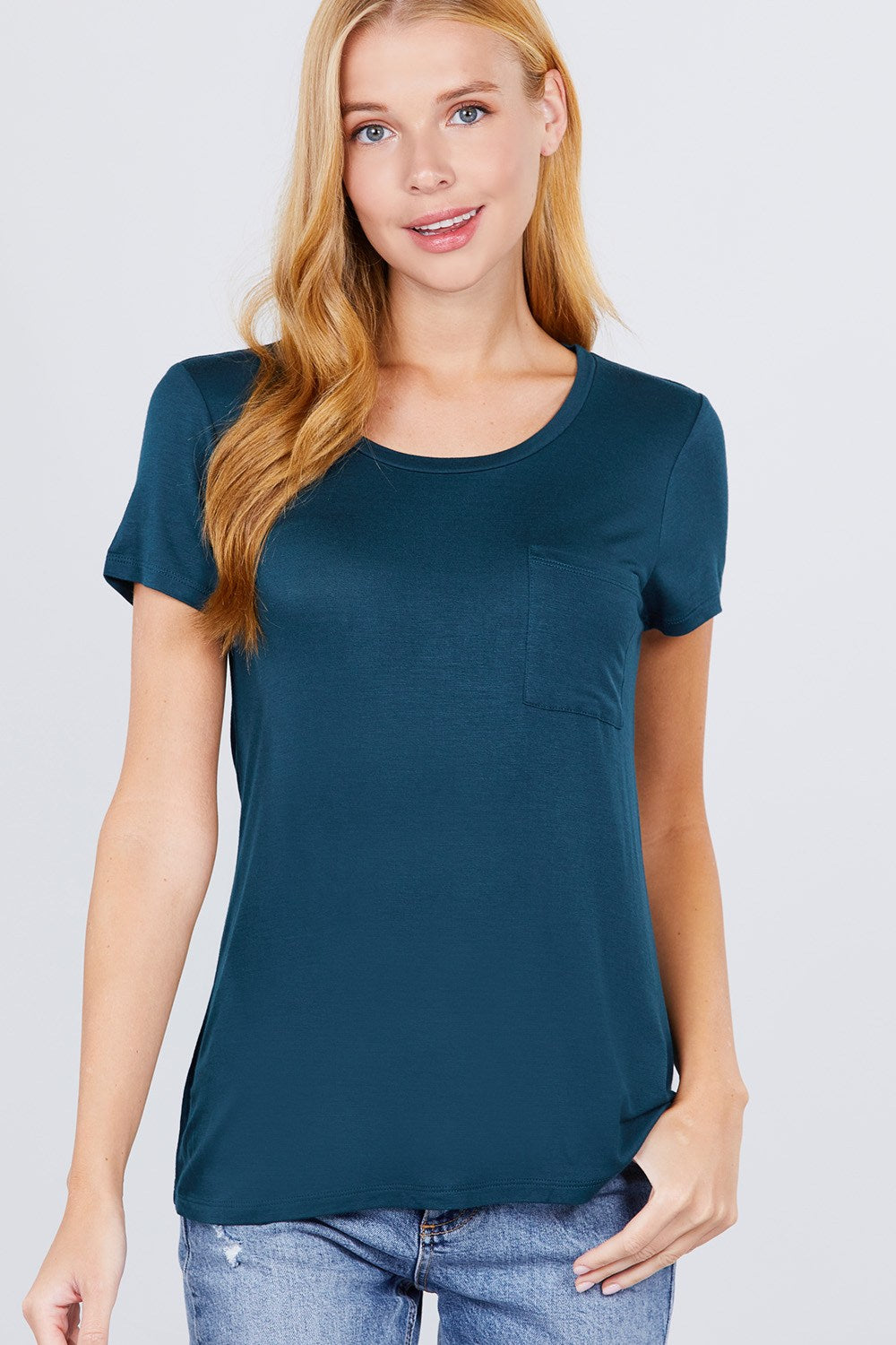 Short Sleeve Scoop Neck Top With Pocket