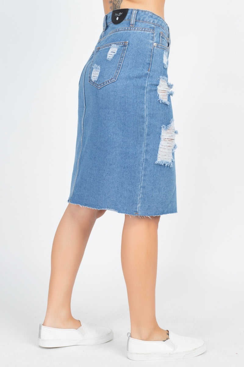 Distressed Front Slit Denim Skirt