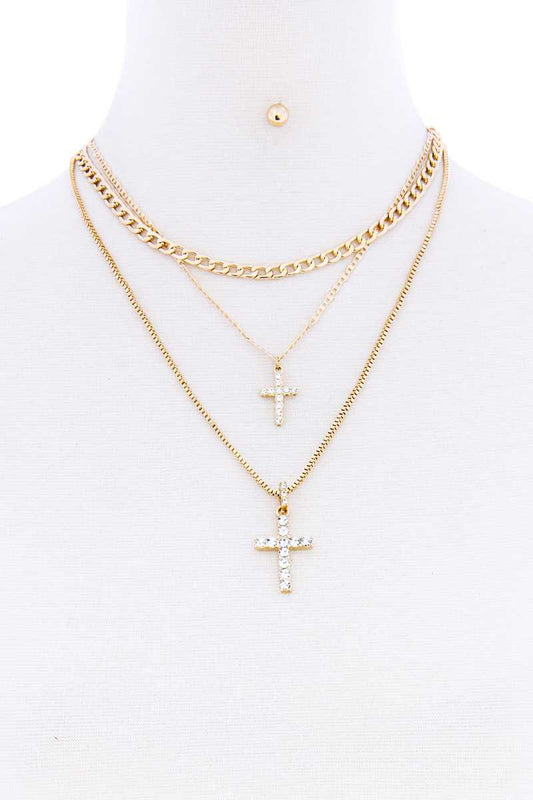 Triple Layer Rhinestone Double Cross Necklace With Earring Set