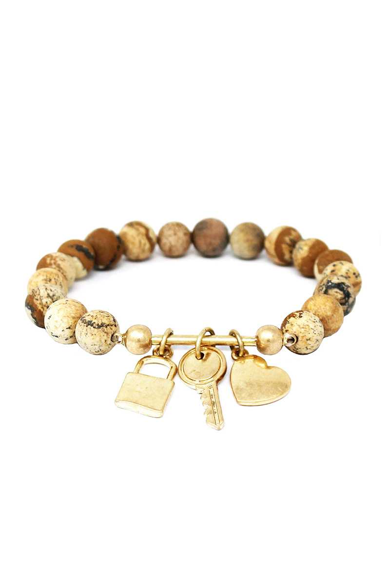 Multi Style Bead Locker And Key Charm Stretch Bracelet