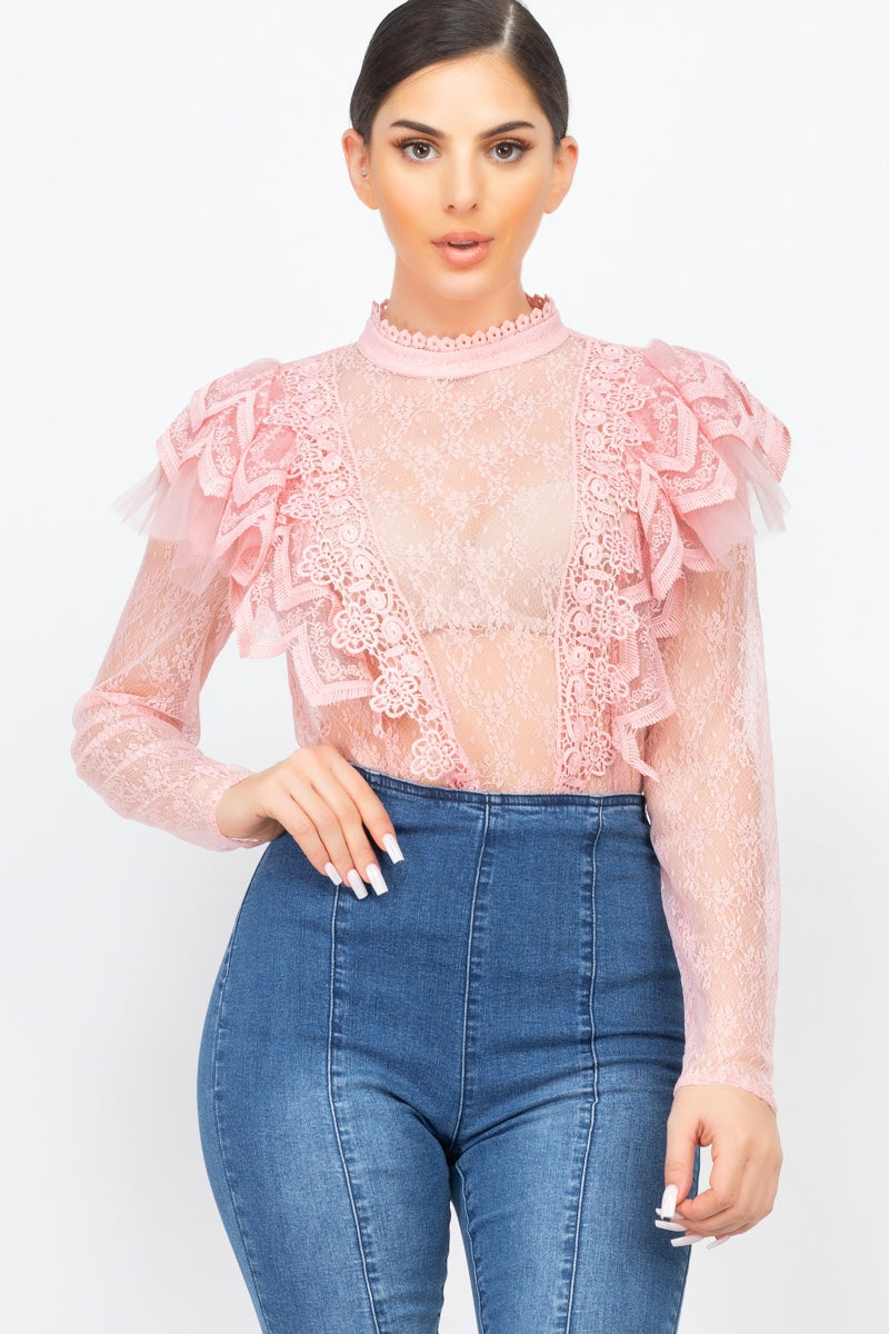 Floral Lace Ruffle Trim Top
