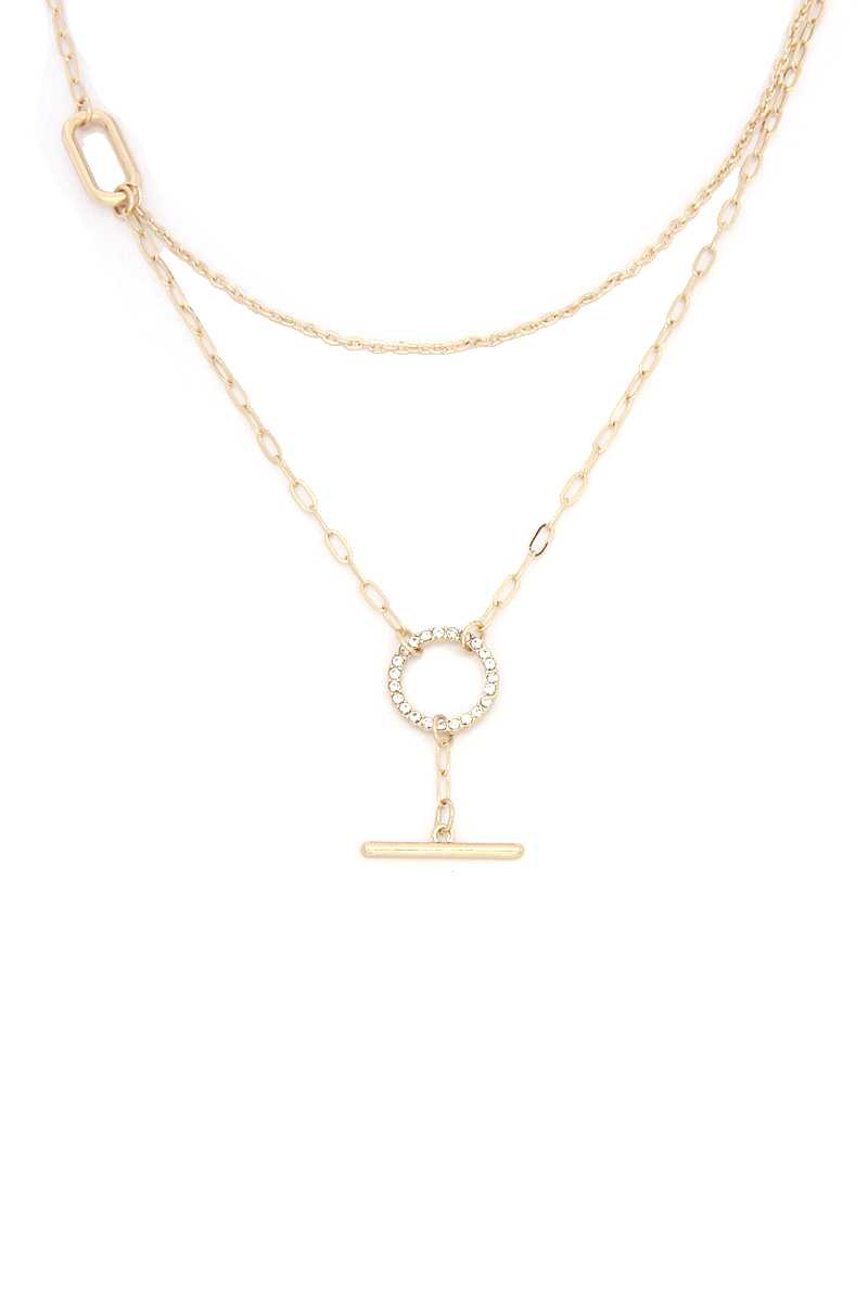Rhinestone Ring Metal Bar Layer Necklace