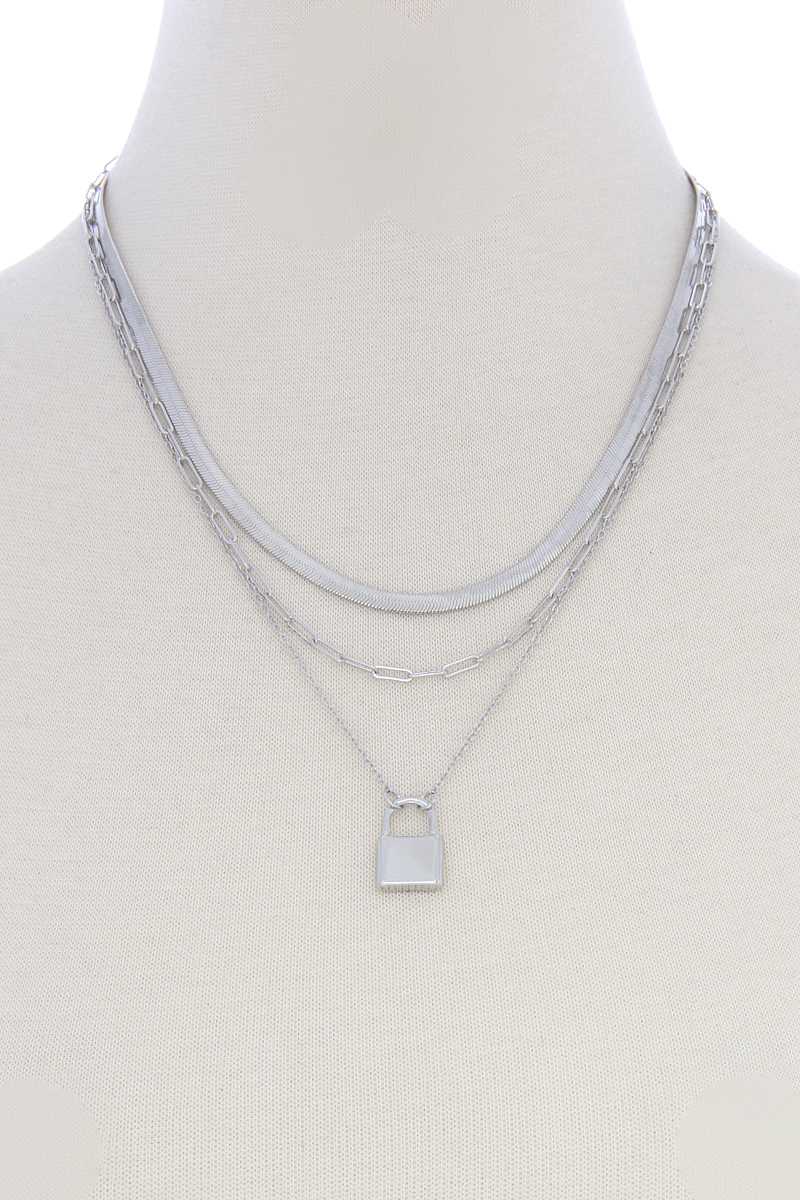 Lock Charm Flat Snake Chain Layer Necklace