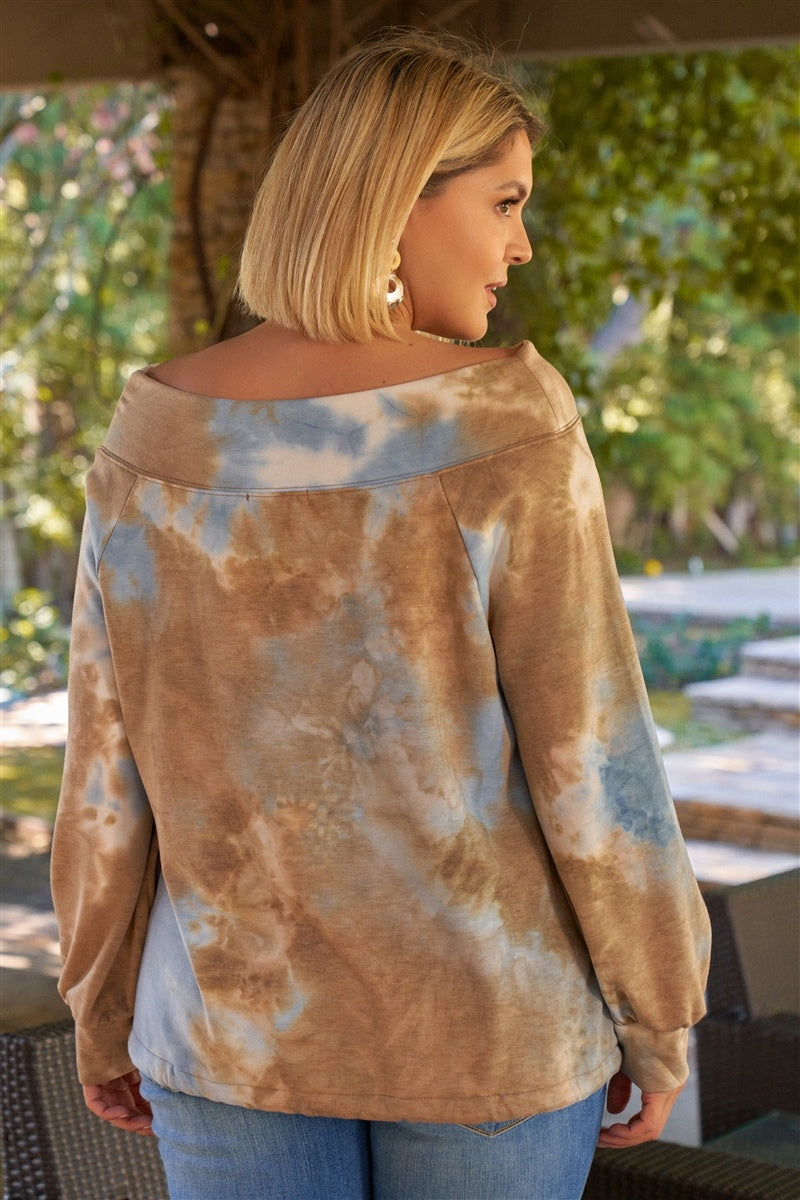 Plus Size Multicolor Tie-dye Bateau Neck Long Sleeve Draw-string Trim Sweatshirt