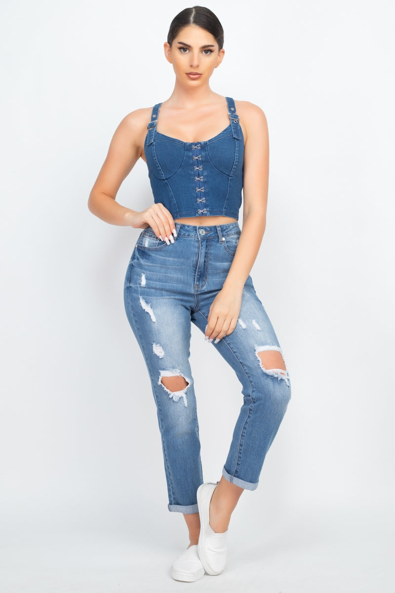 Sweetheart Neck Adjustable Denim Top