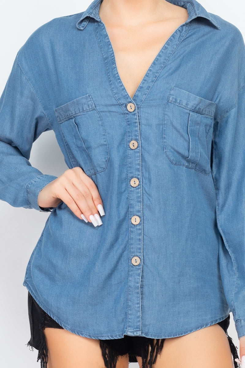 Chest-pocket Long Sleeves Polo Top