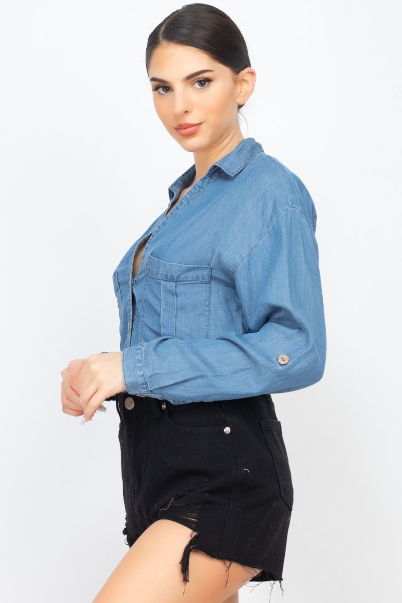 Chest-pocket Long Sleeves Polo Top