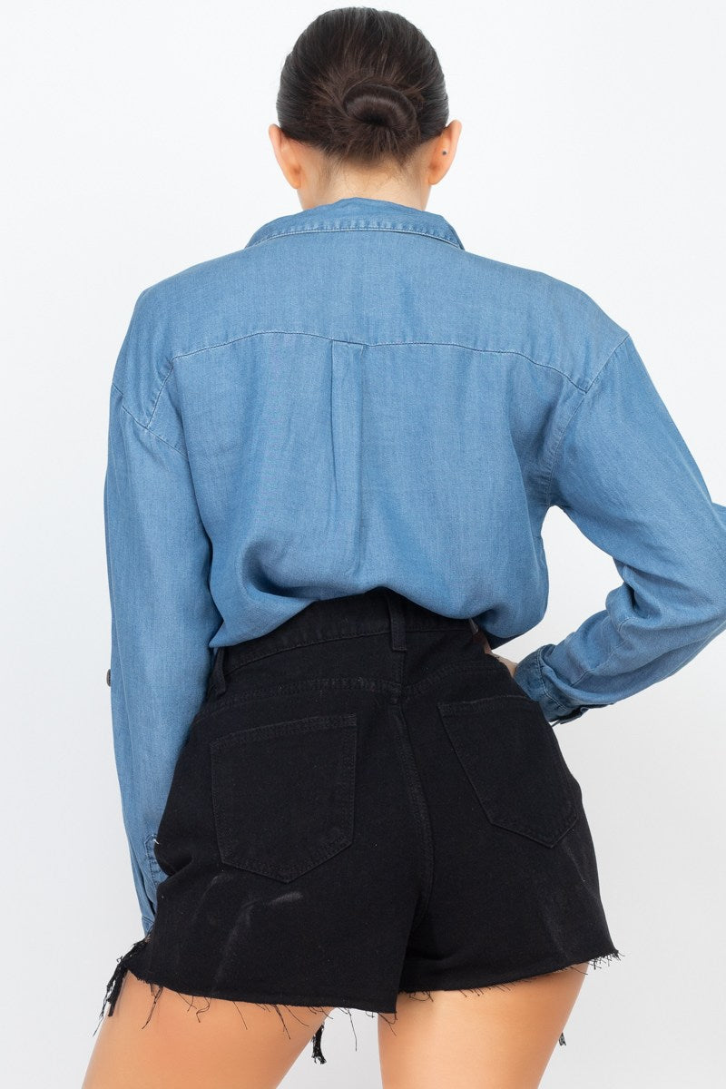Chest-pocket Long Sleeves Polo Top