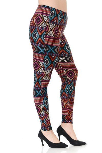 Plus Size Multi Print, Full Length Leggings In A Slim Fitting Style With A Banded High Waist