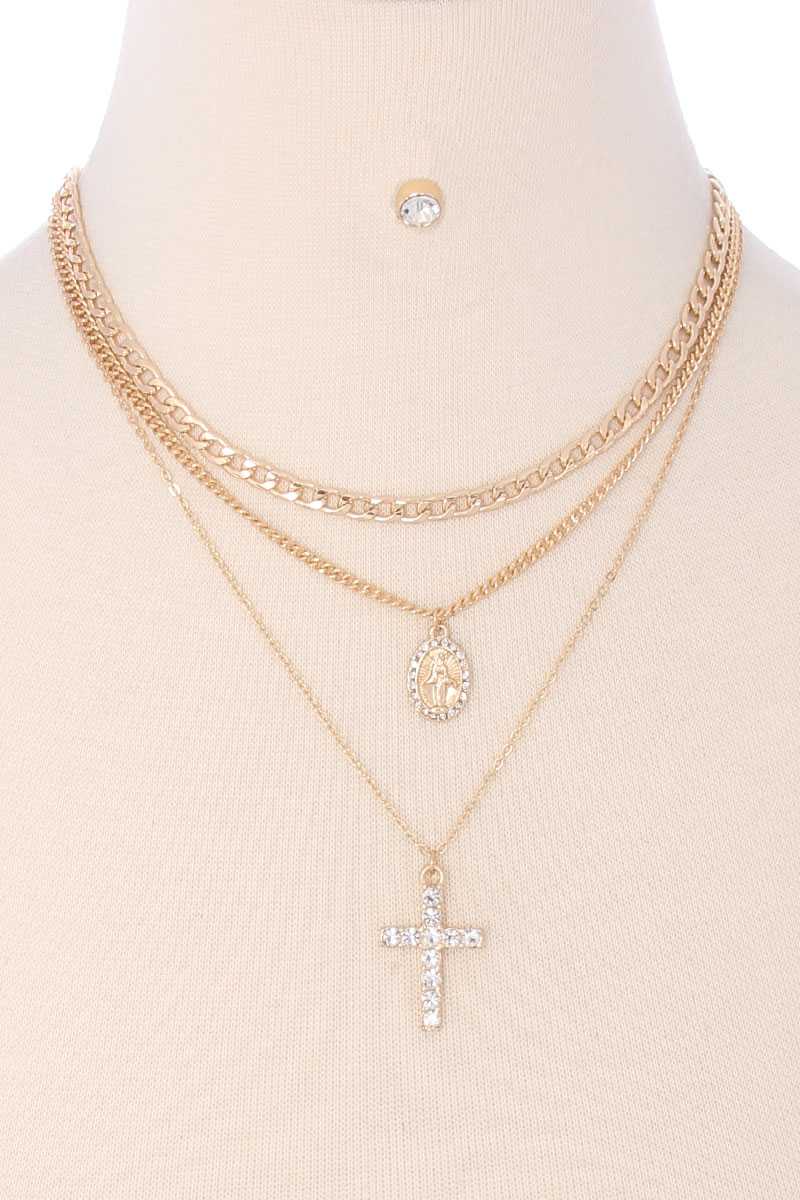 3 Layered Metal Chain Rhinestone Cross Pendant Necklace Earring Set