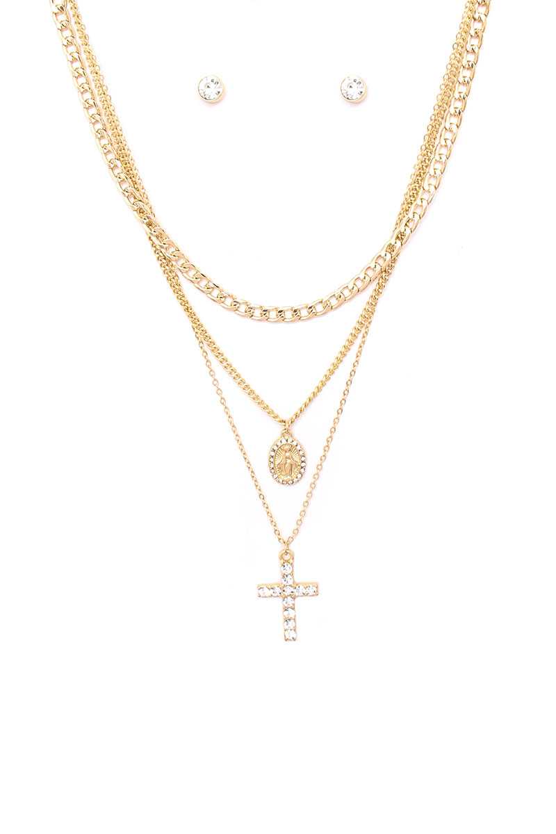 3 Layered Metal Chain Rhinestone Cross Pendant Necklace Earring Set