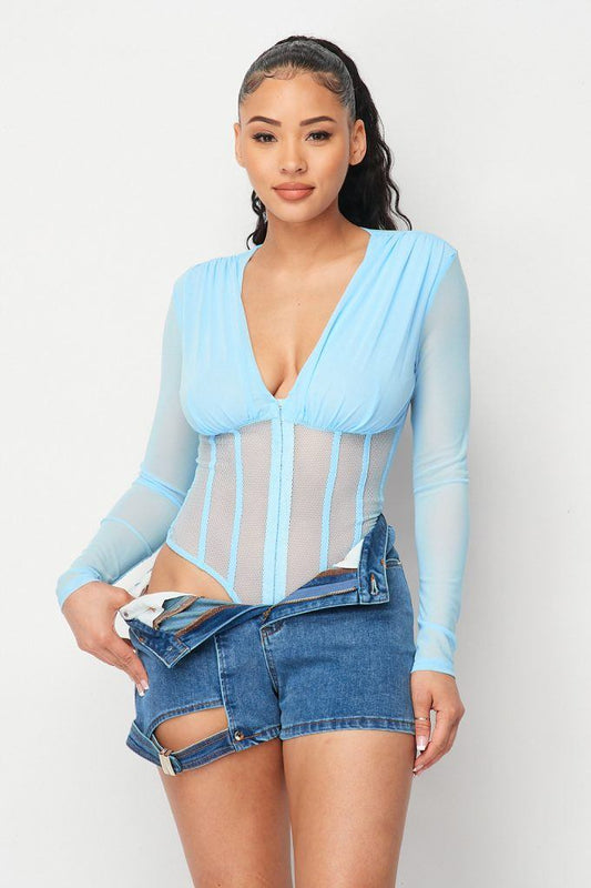 Fishnet Sheer Mesh Back Deep V Neck Bodysuit