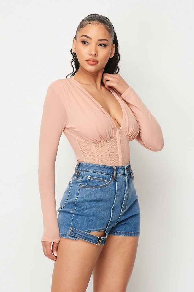 Fishnet Sheer Mesh Back Deep V Neck Bodysuit